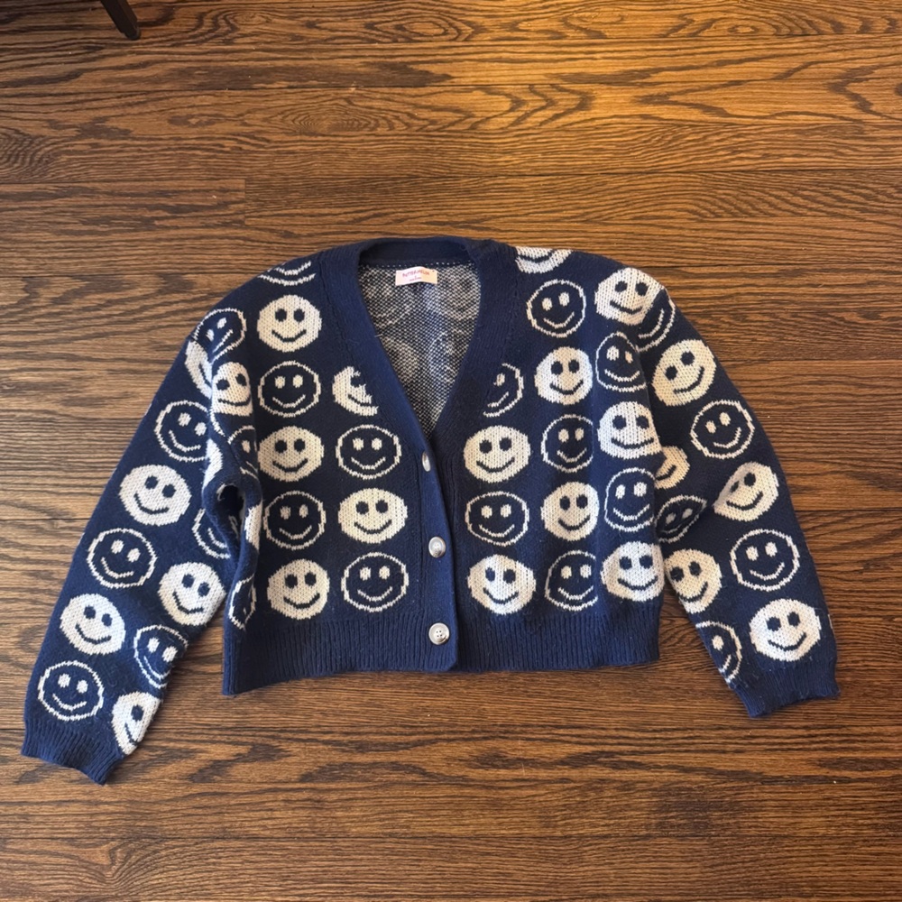 Smiley Knit Button-Front Cardigan - Navy & Cream